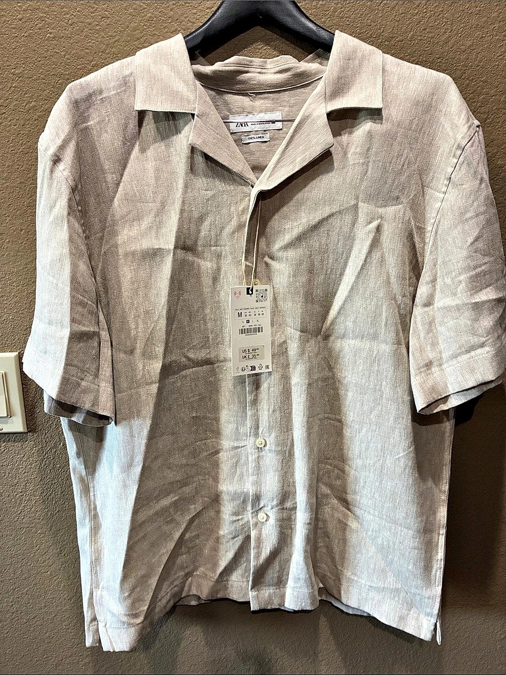 ZARA 100% Linen Camp Collar Short Sleeve Shirt Medium